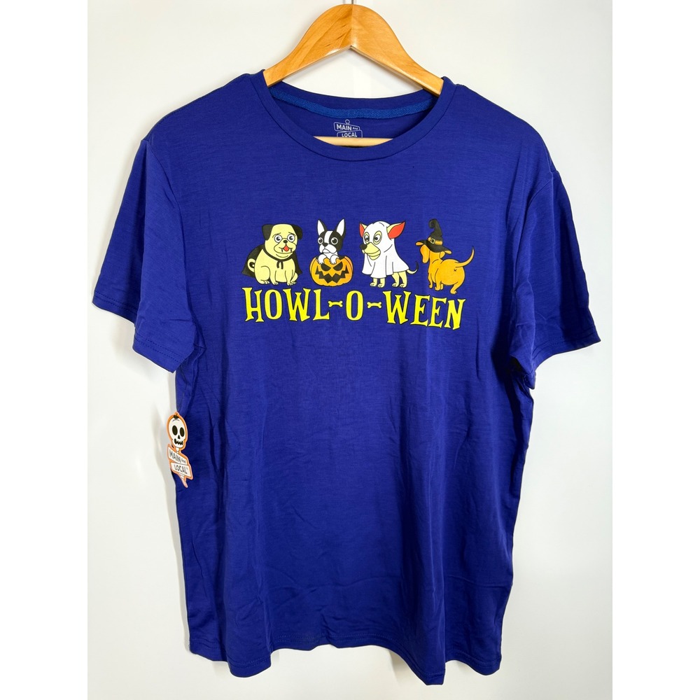 NWT Main Local Howl-O-Ween Halloween Dogs Graphic T-Shirt Women's Size‎ L Blue